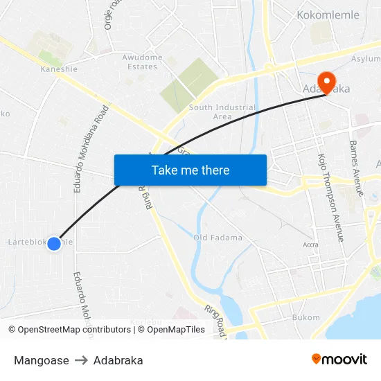 Mangoase to Adabraka map