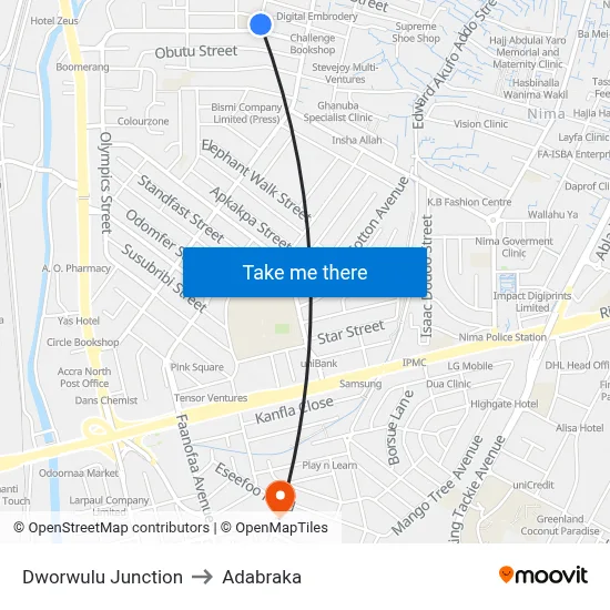 Dworwulu Junction to Adabraka map