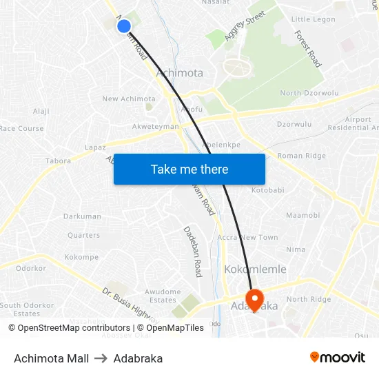 Achimota Mall to Adabraka map