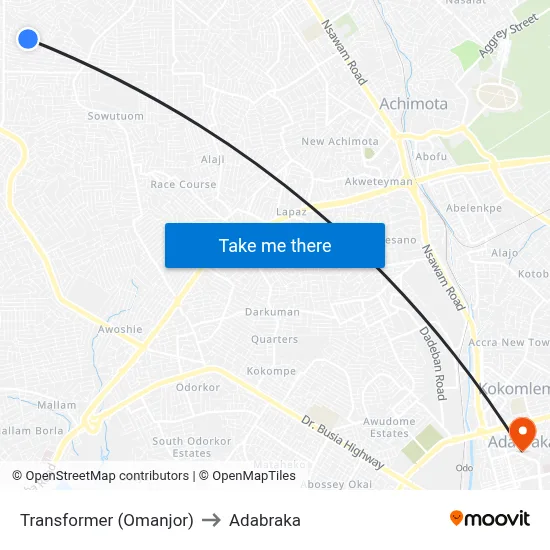 Transformer (Omanjor) to Adabraka map