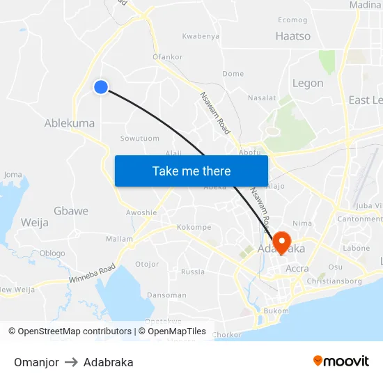 Omanjor to Adabraka map