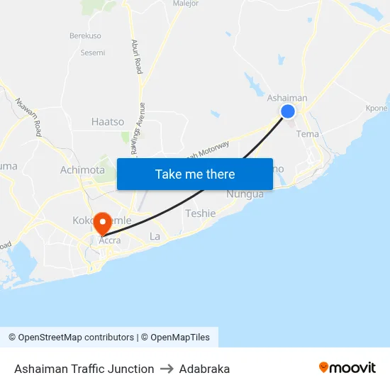 Ashaiman Traffic Junction to Adabraka map