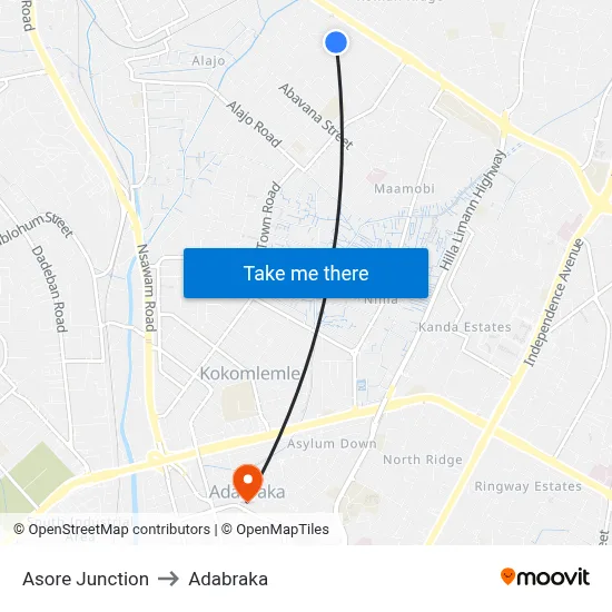 Asore Junction to Adabraka map