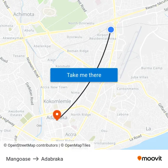 Mangoase to Adabraka map