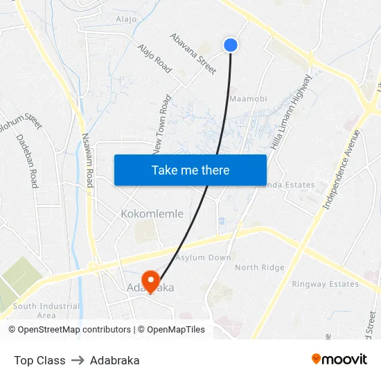 Top Class to Adabraka map