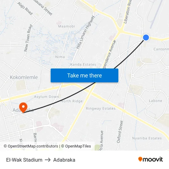 El-Wak Stadium to Adabraka map