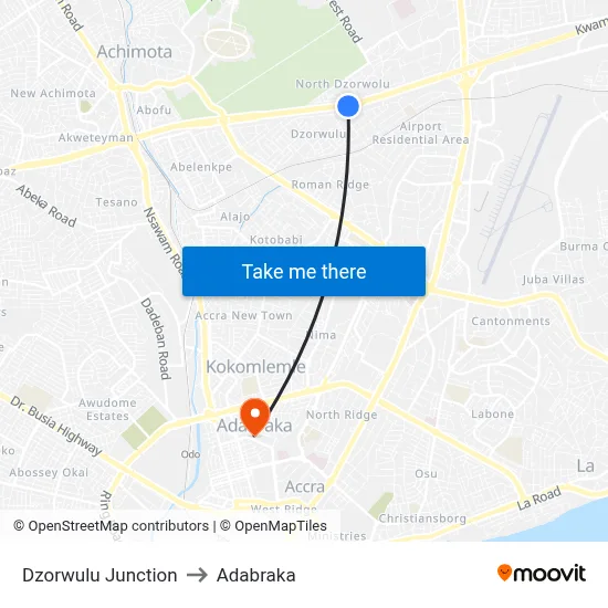 Dzorwulu Junction to Adabraka map