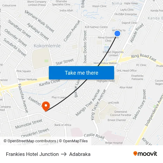 Frankies Hotel Junction to Adabraka map