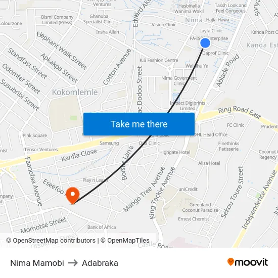 Nima Mamobi to Adabraka map