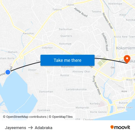 Jayeemens to Adabraka map