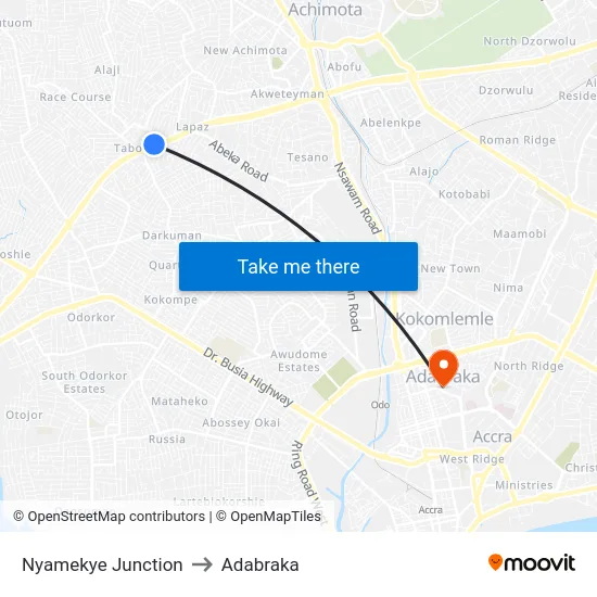 Nyamekye Junction to Adabraka map