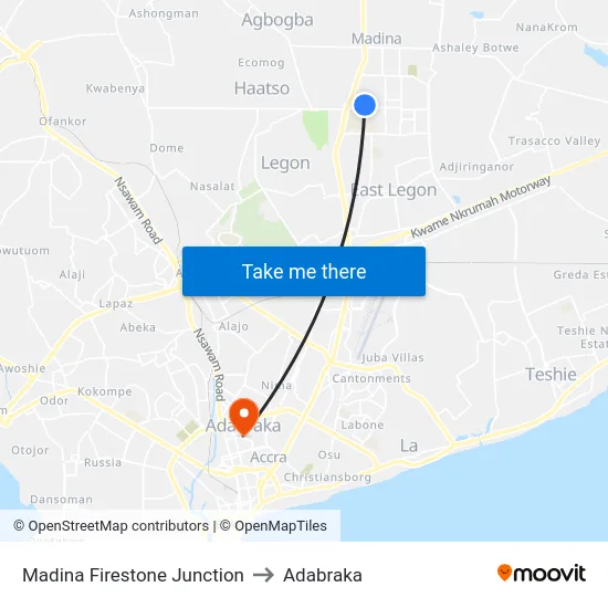 Madina Firestone Junction to Adabraka map
