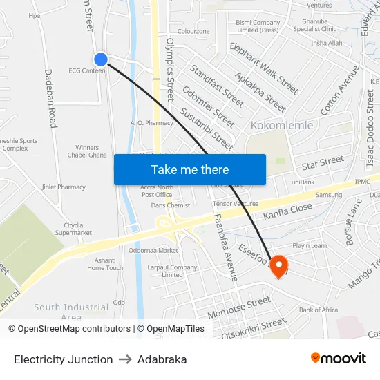 Electricity Junction to Adabraka map
