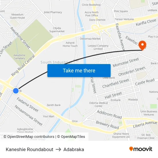 Kaneshie Roundabout to Adabraka map