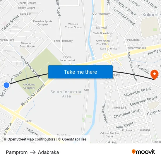 Pamprom to Adabraka map