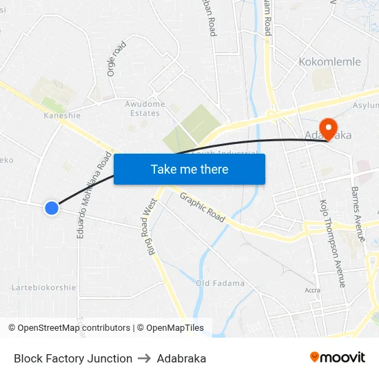 Block Factory Junction to Adabraka map