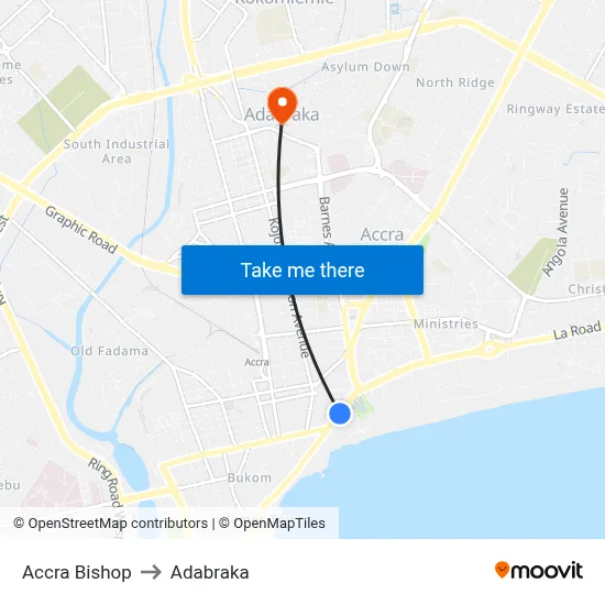 Accra Bishop to Adabraka map