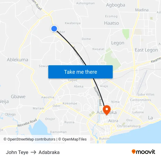 John Teye to Adabraka map