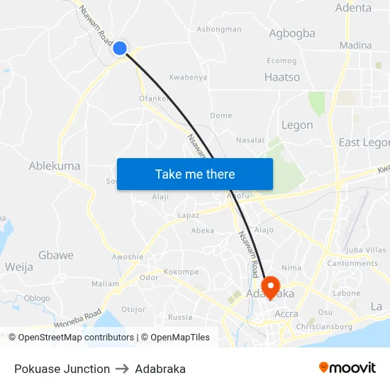 Pokuase Junction to Adabraka map