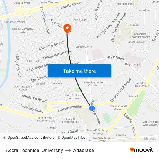 Accra Technical University to Adabraka map