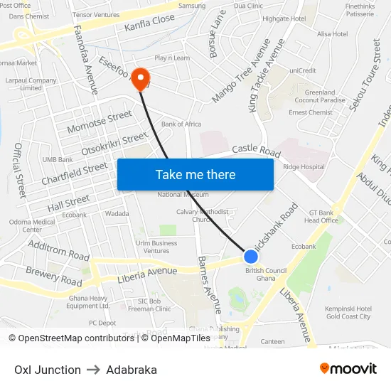 Oxl Junction to Adabraka map