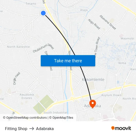 Fitting Shop to Adabraka map