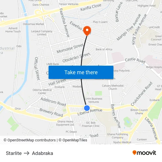 Starlite to Adabraka map