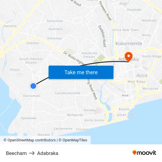 Beecham to Adabraka map