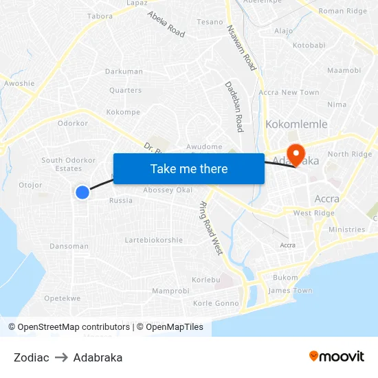 Zodiac to Adabraka map