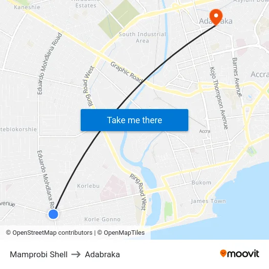 Mamprobi Shell to Adabraka map