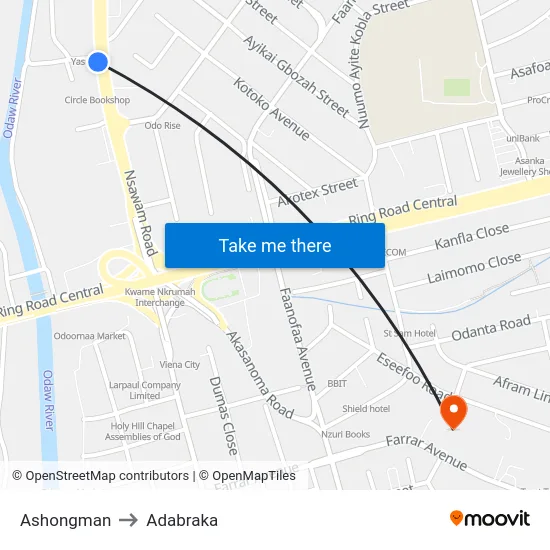 Ashongman to Adabraka map