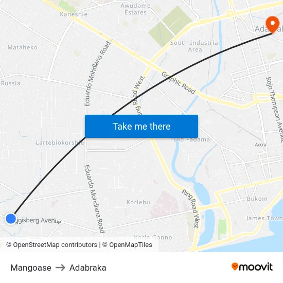 Mangoase to Adabraka map