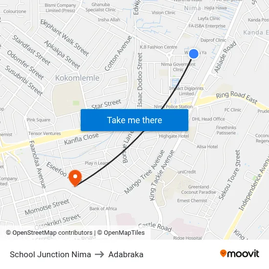 School Junction Nima to Adabraka map