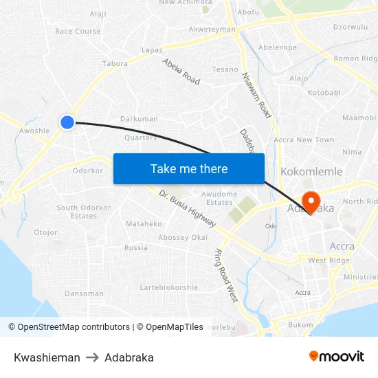 Kwashieman to Adabraka map