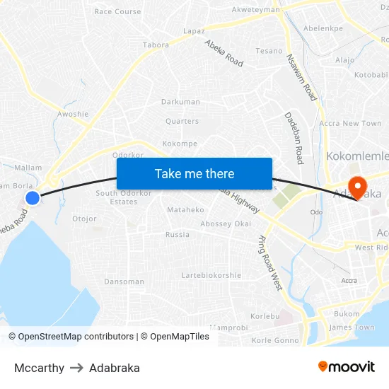 Mccarthy to Adabraka map