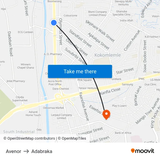 Avenor to Adabraka map