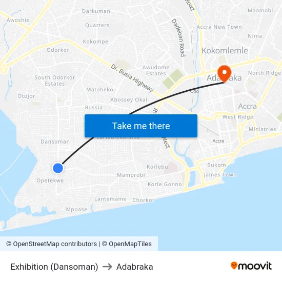 Exhibition (Dansoman) to Adabraka map