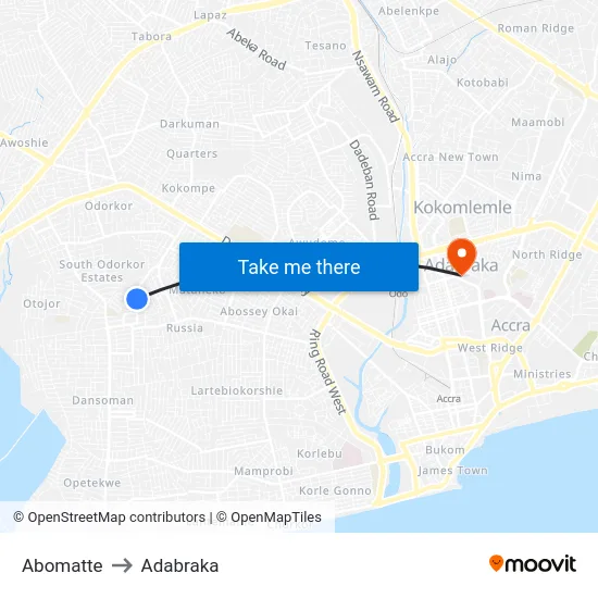 Abomatte to Adabraka map