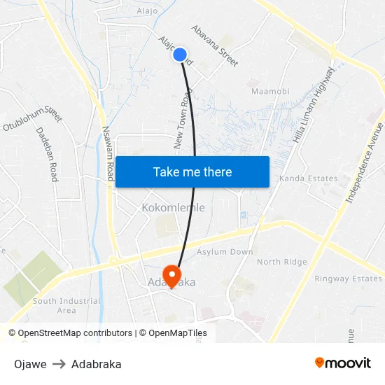 Ojawe to Adabraka map