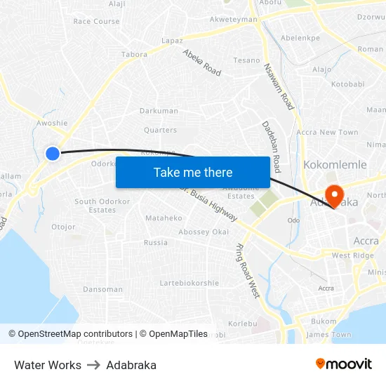 Water Works to Adabraka map