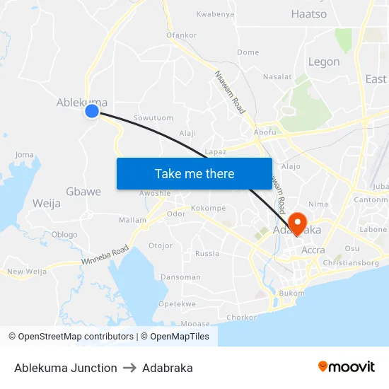 Ablekuma Junction to Adabraka map