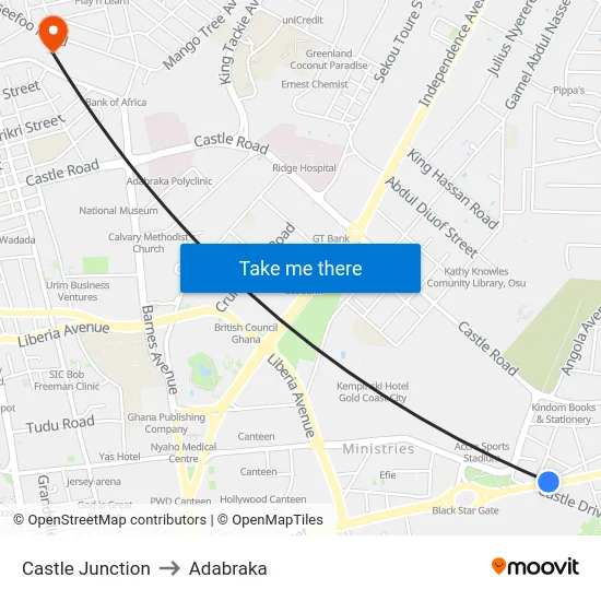 Castle Junction to Adabraka map