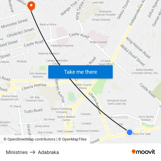 Ministries to Adabraka map