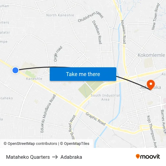 Mataheko Quarters to Adabraka map