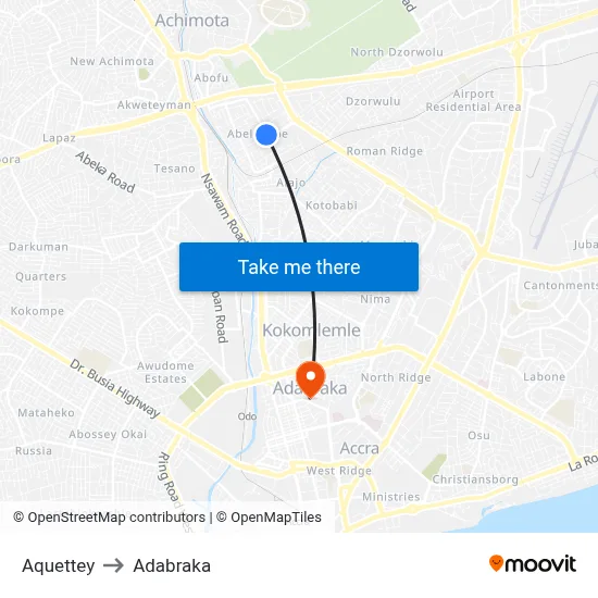 Aquettey to Adabraka map