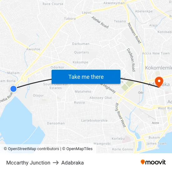 Mccarthy Junction to Adabraka map