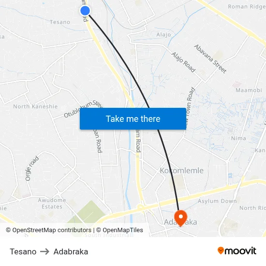 Tesano to Adabraka map