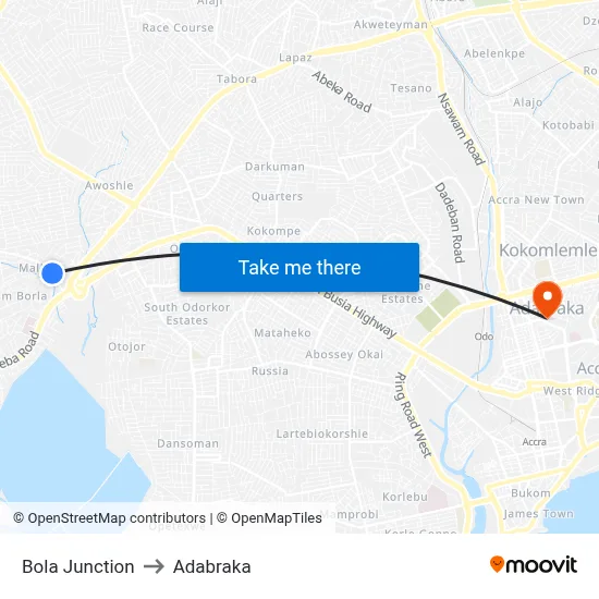 Bola Junction to Adabraka map