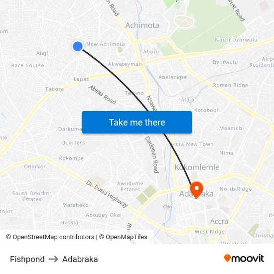 Fishpond to Adabraka map