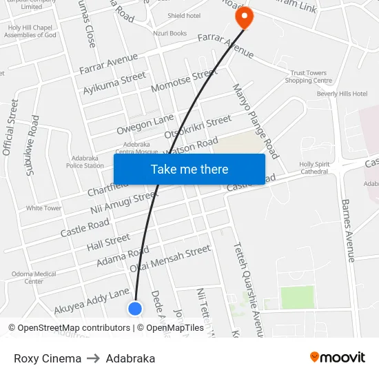 Roxy Cinema to Adabraka map